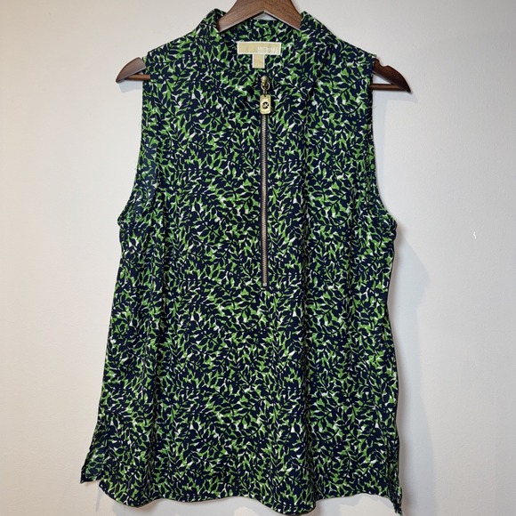 Michael Kors Womens Blouse L White Green Floral Leaves Gold Zip Top Shirt NWOT * - Picture 1 of 10